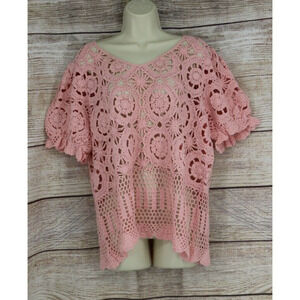 Denim 24/7 Womens Large Pullover Crochet Knit Short Sleeve V-Neck Sweater Pink